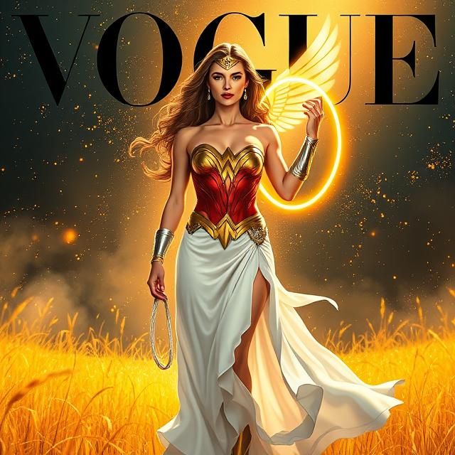 Vogue magazine cover featuring Wonder Woman, goddess-like, s...