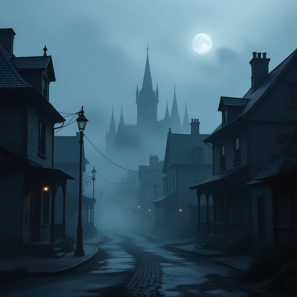 A foggy eerie liminal silent hill style town