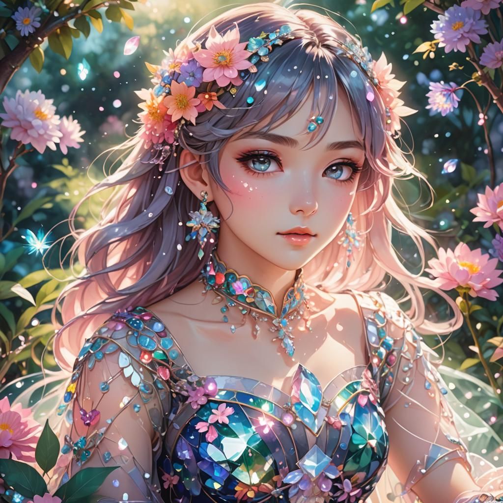 Anime Girl in Dreamlike Garden with Sparkling Gems