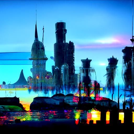 City skyline across the water at sunset
