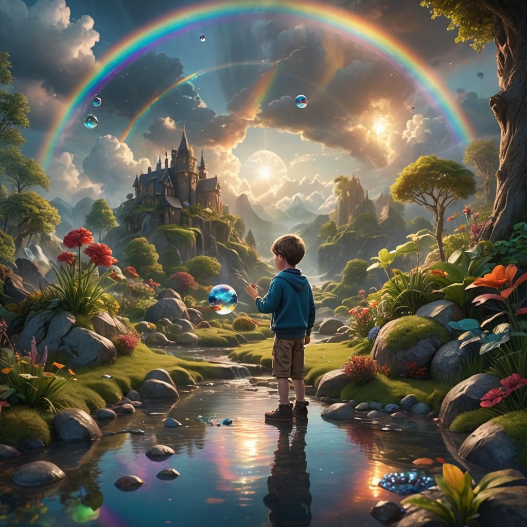 Boy Gazing at Rainbow Orb: Fantastical Realism