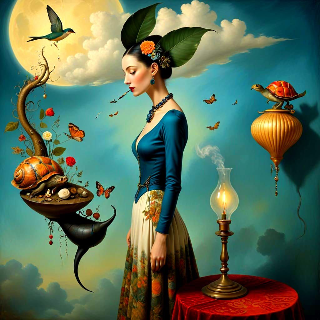 Surreal Fantasy Lady in Vibrant Asymmetric Composition