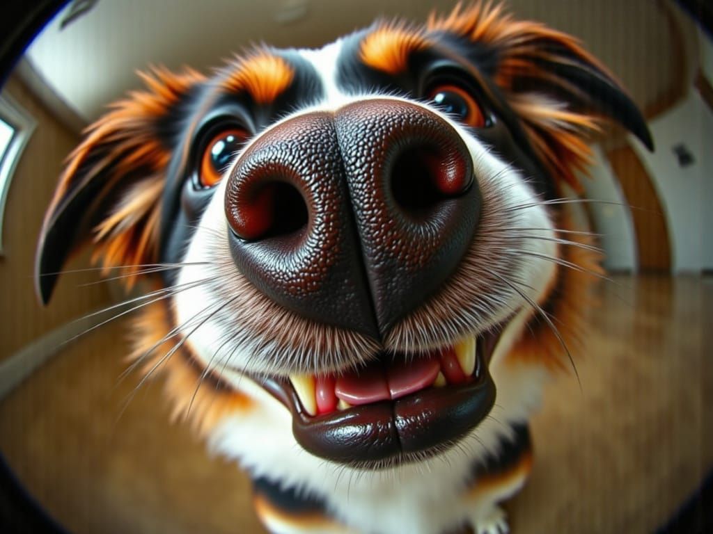 The distorted face of a friendly dog, with magnified, features and frenzied eyes, fills the frame, warped by a distorted fisheye lens <lora:...