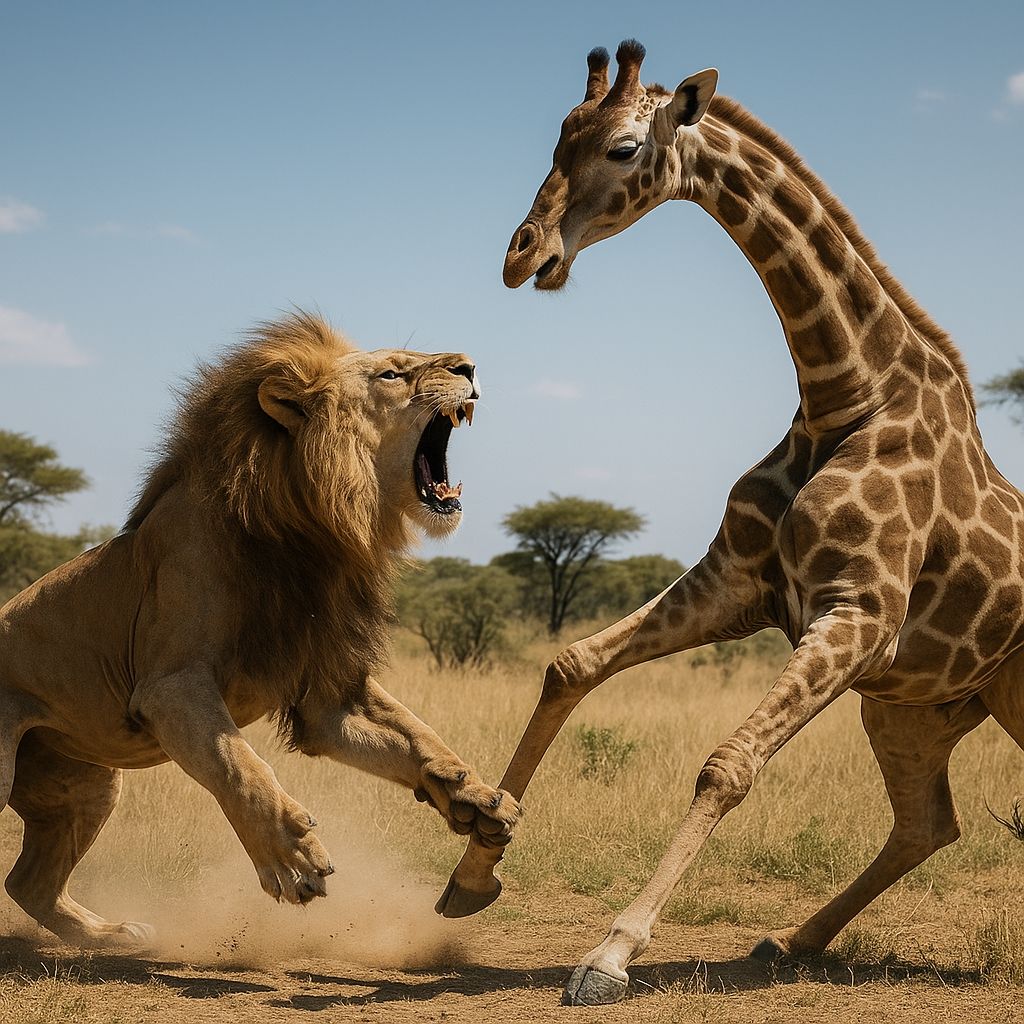 Löwe gegen Giraffe