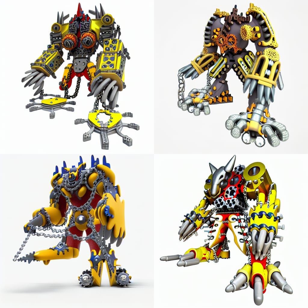 90s 3D render of Wargreymon with shield flails covered in gears and