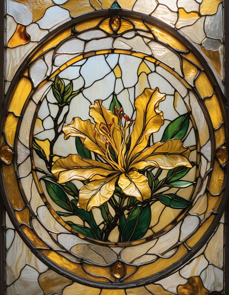 Traditional-Stained glass art, medium shot. Small, vibrant y...