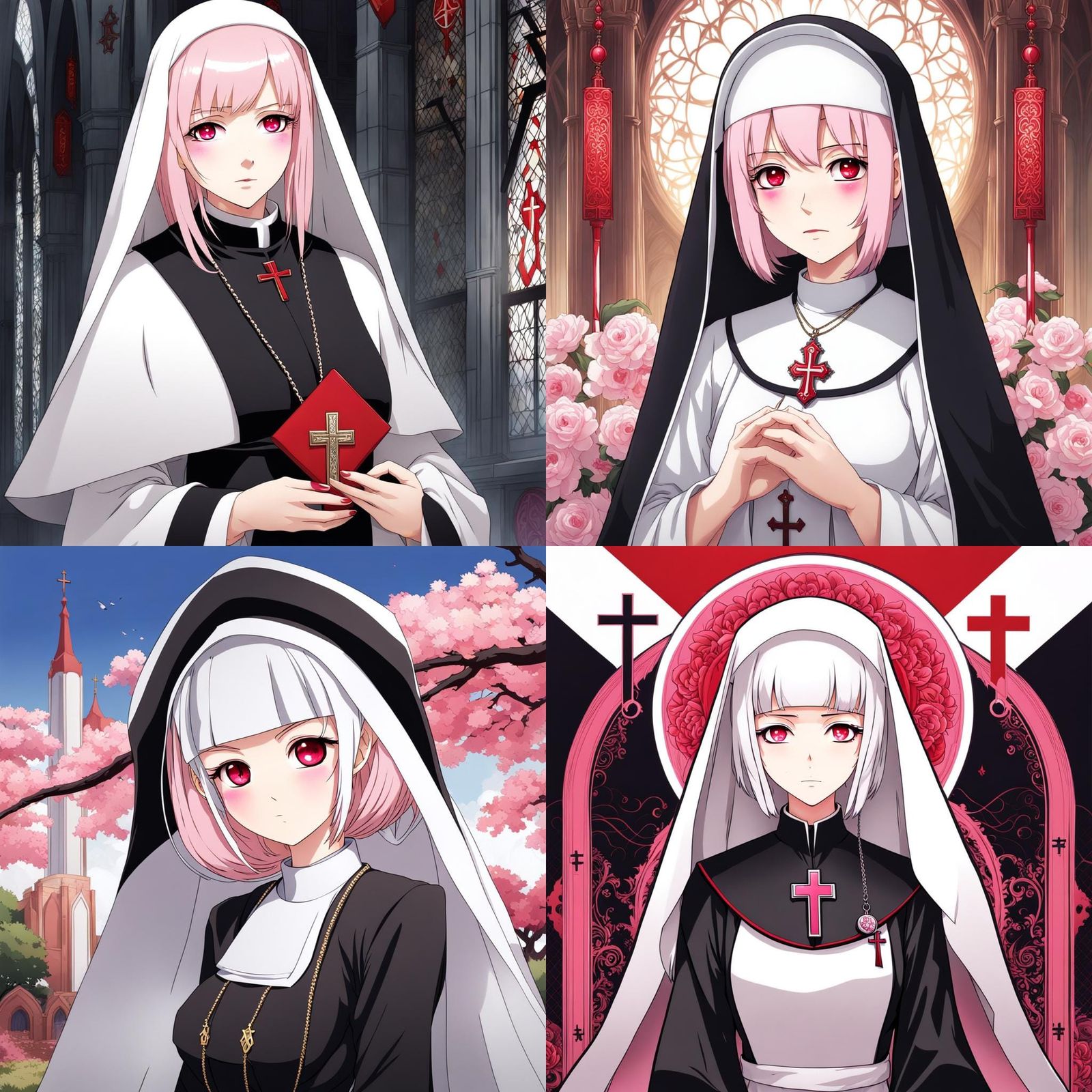 Anime Nun Girl with Red Eyes and Pink Hair