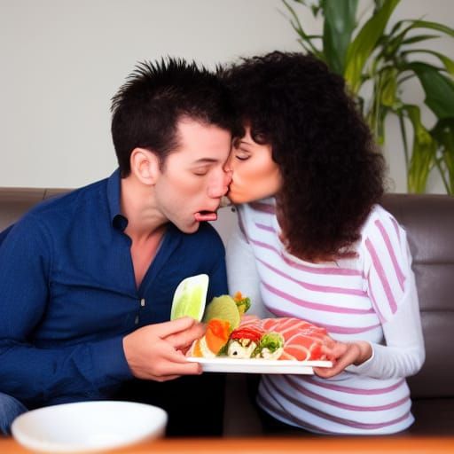 Kissing on the couch while eating sushi  by @Milagros