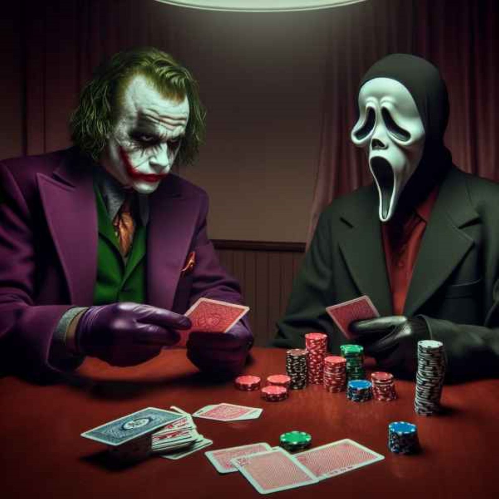 the joker and Ghostface playing poker
