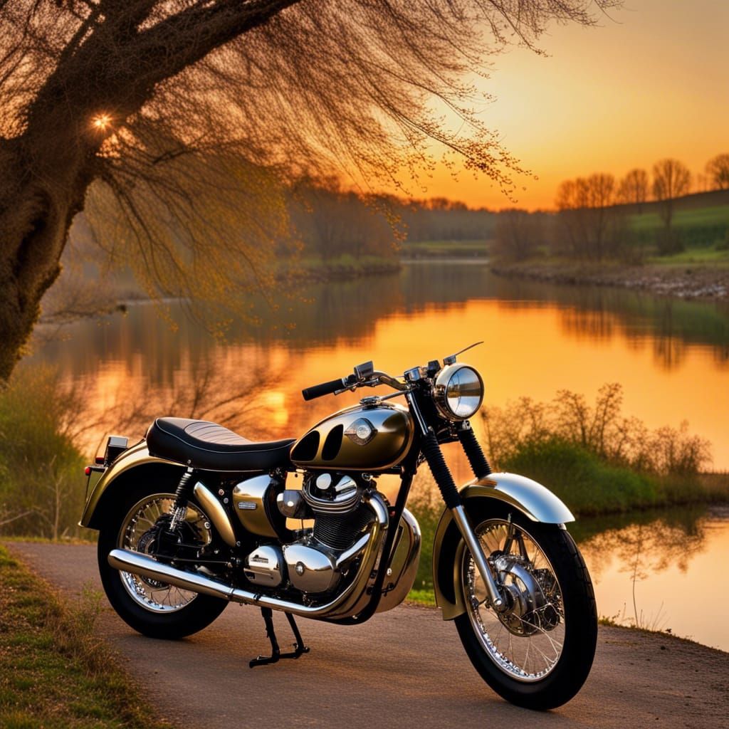 beautiful BSA Gold Star motorcycle by a river in the stunnin...