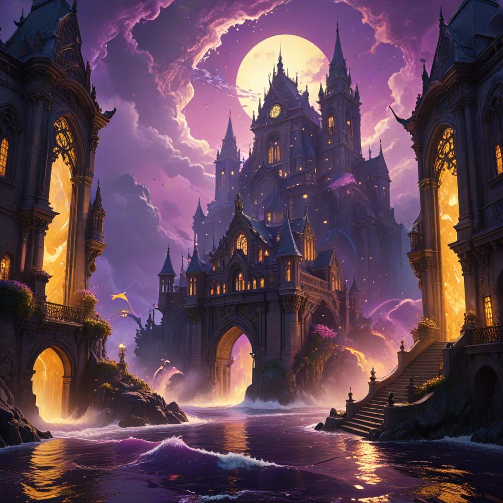 Surreal Fairy City Ascends Above Turbulent Ocean in Vibrant,...