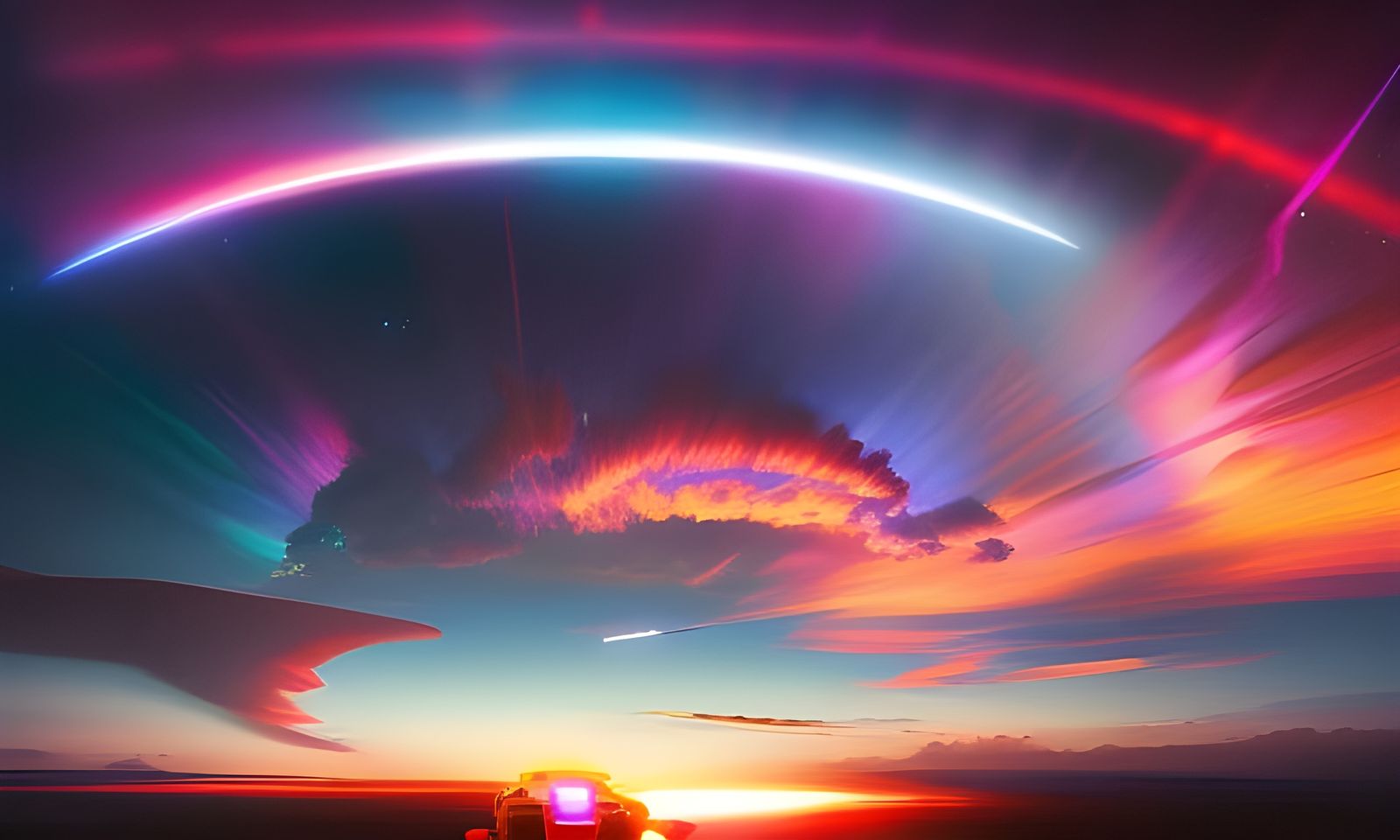 Neon Jet Fighter Flies into Portal at Sunset