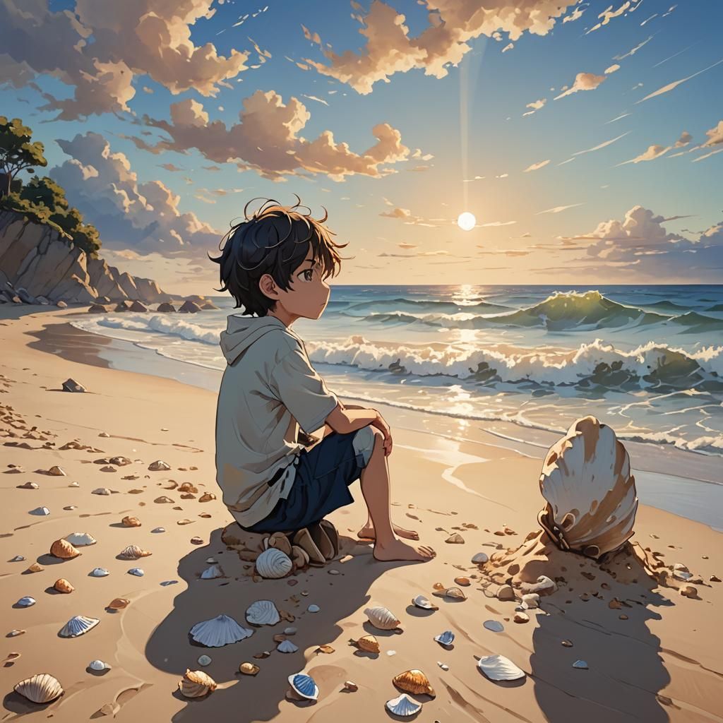 ילד עצוב . חושב . חושש . ברקע של ים עם הרבה צדפים . מסתכל על השמים . 