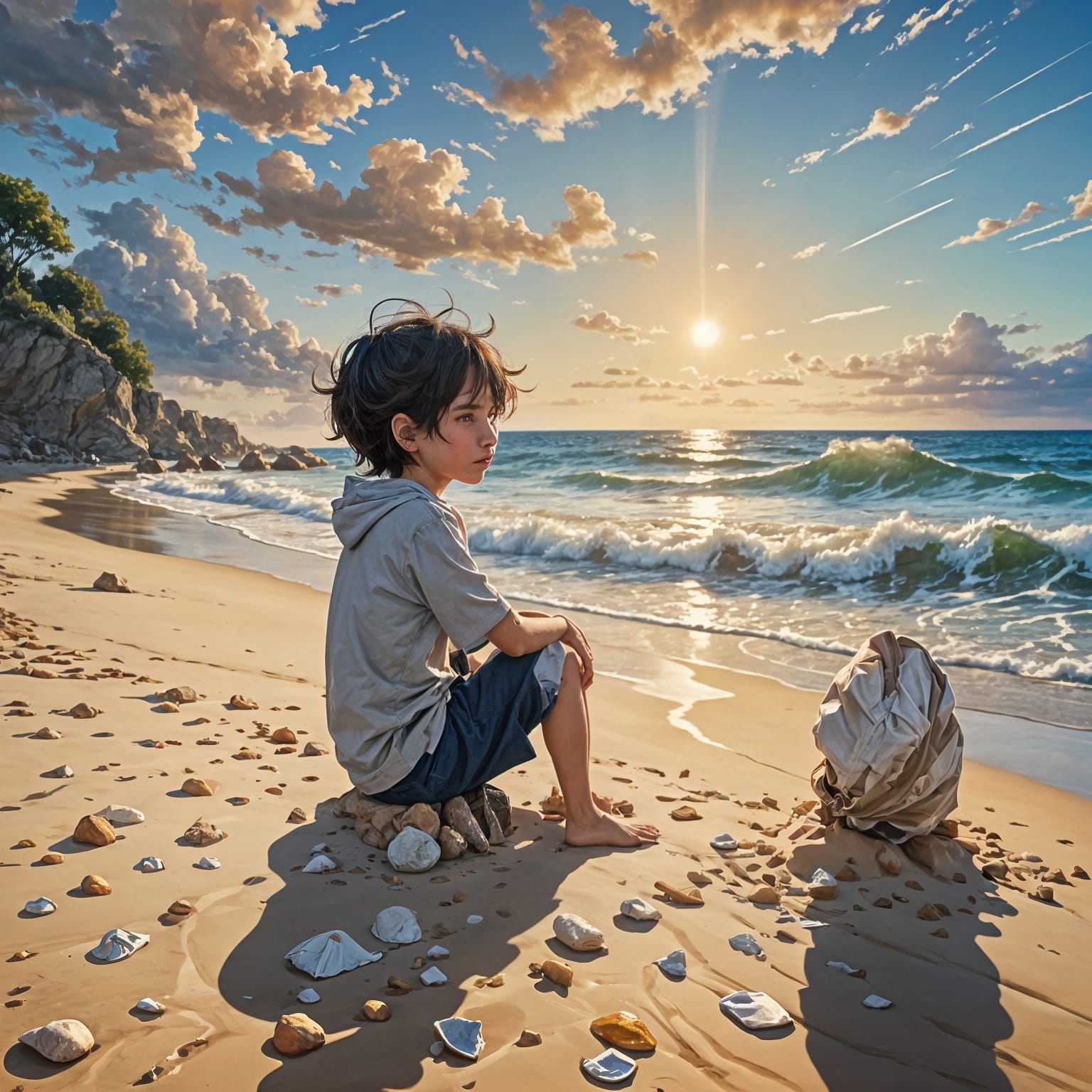 Melancholy Child Contemplates Sea in Anime Style