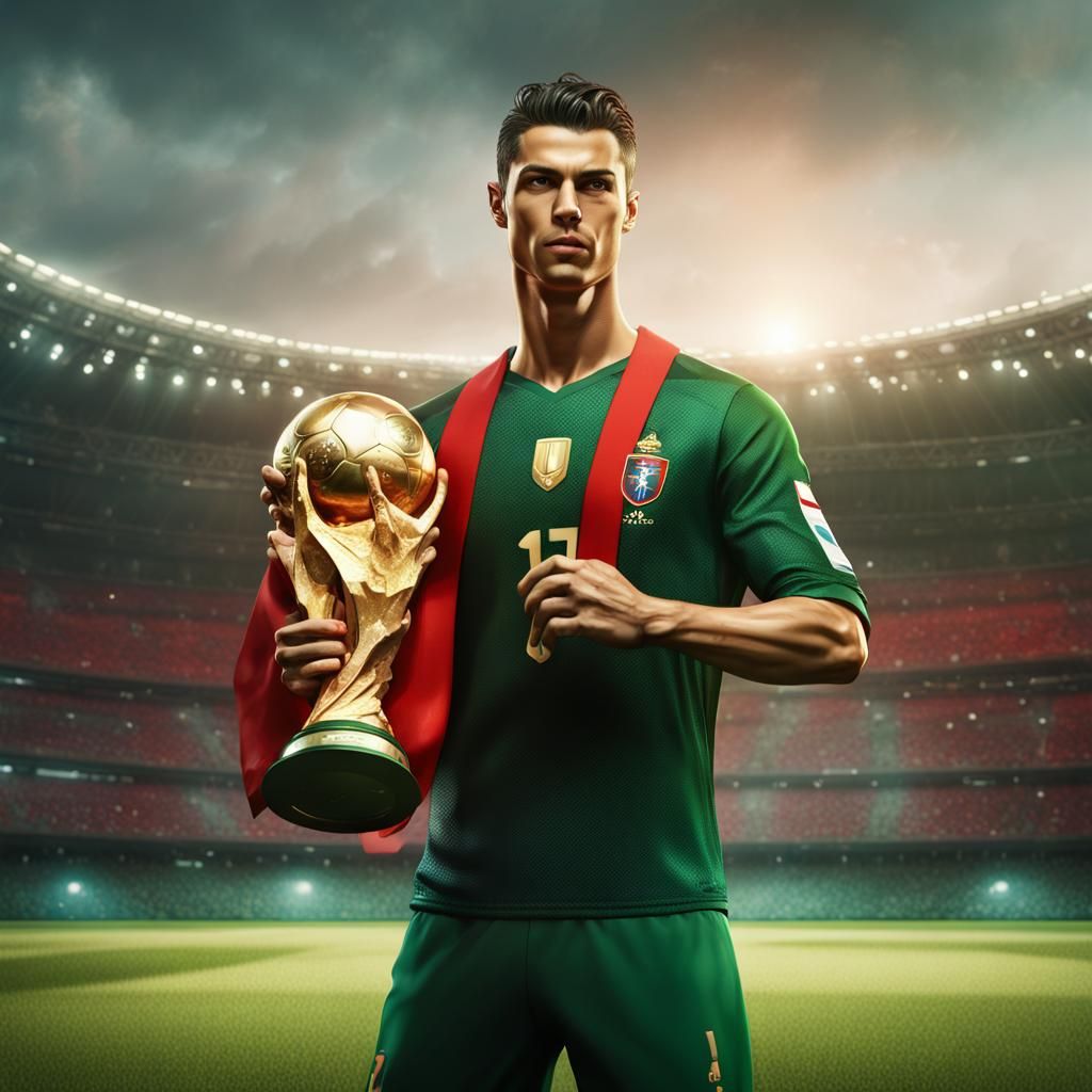 Cristiano Ronado in a red and green shirt holding the World Cup trophy ...