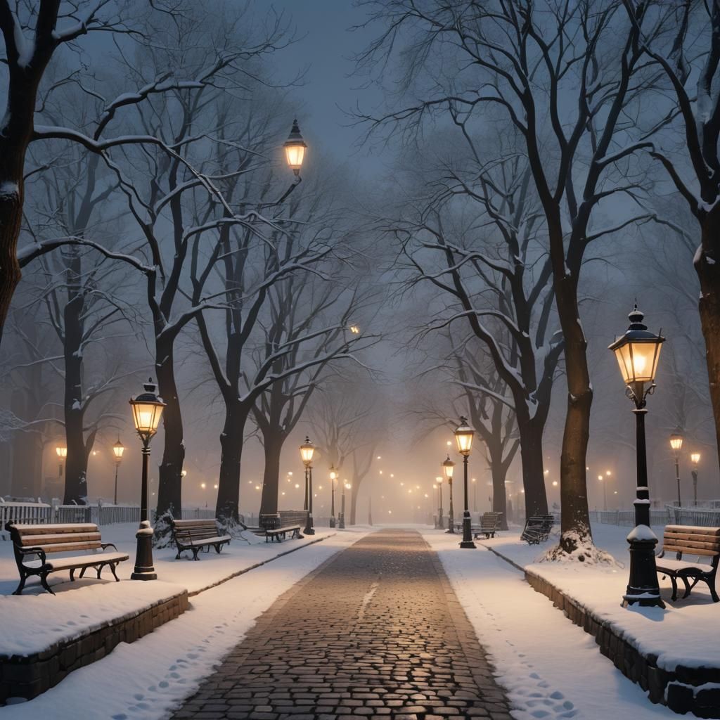 Snowy Path with Street Lamps at Dusk