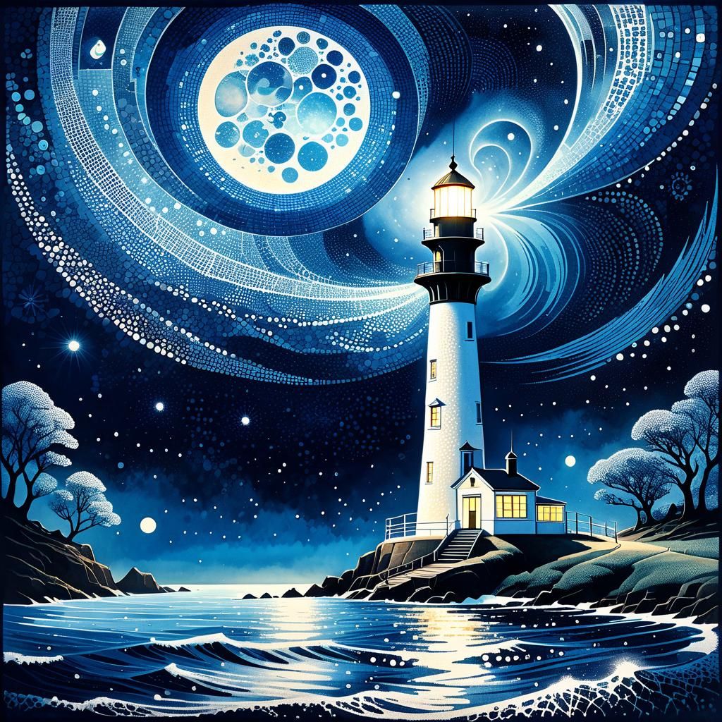 Ethereal Cyanotype landscapes, Cosmic Lighthouse Scifi Mosaic Pointillism Moonbeams Spiraling  by @undefined
