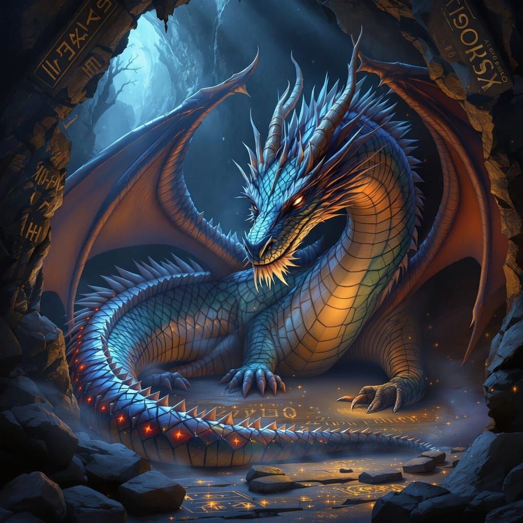 A majestic dragon with iridescent scales rests in a hidden cave, its eyes glowing softly. In its claw, it gently holds a large, ornate cryst...