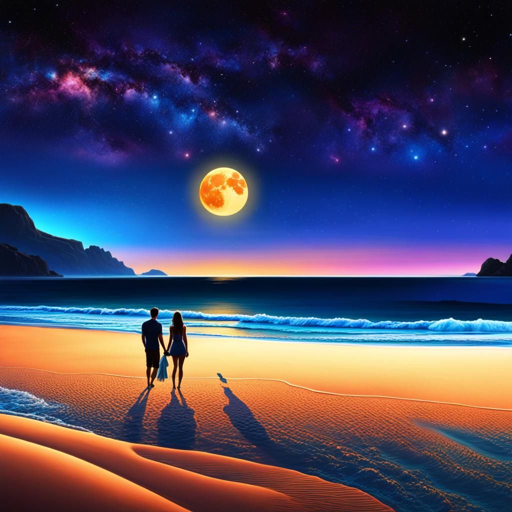 starlight beach with couple, perfect composition, intricate detail ...