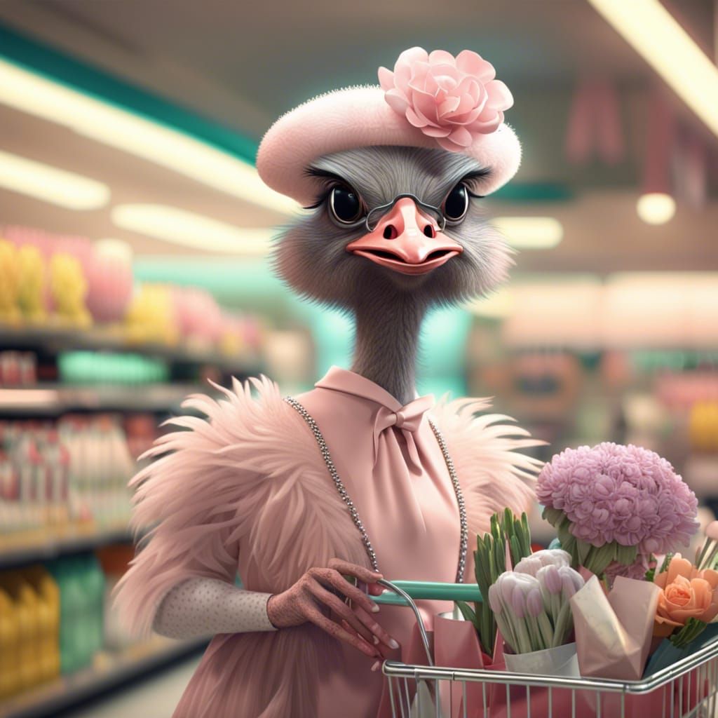 Glamorous Ostrich dressed in amazing 50s couture outfit as a customer shopping in a super market, groceries, ...  by @Mapleaf100color
