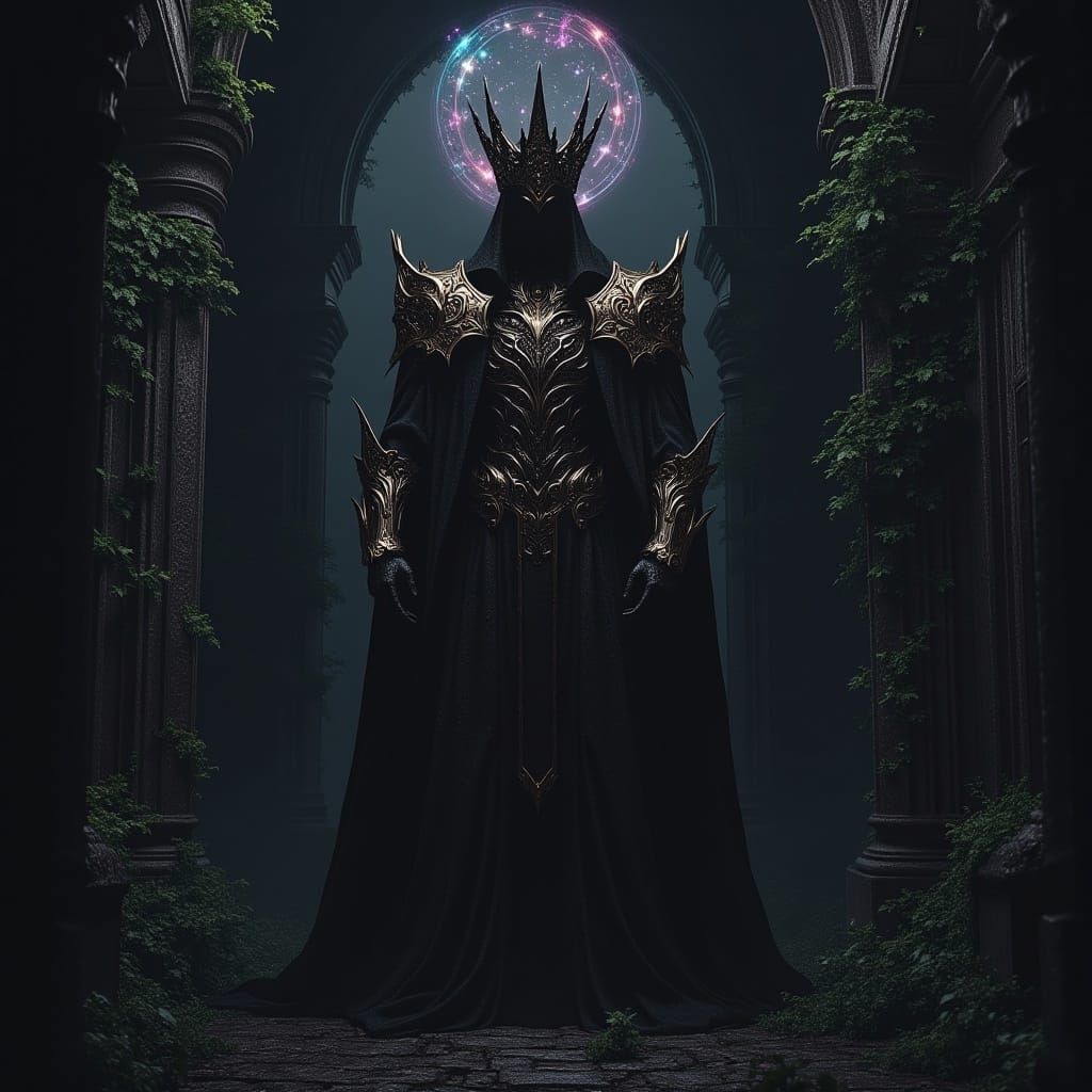 <lora:Sentinels:1.0> king in the black obsidian gothic temple, shiny iridescence holographic twinkling lights full length portrait eerie li...