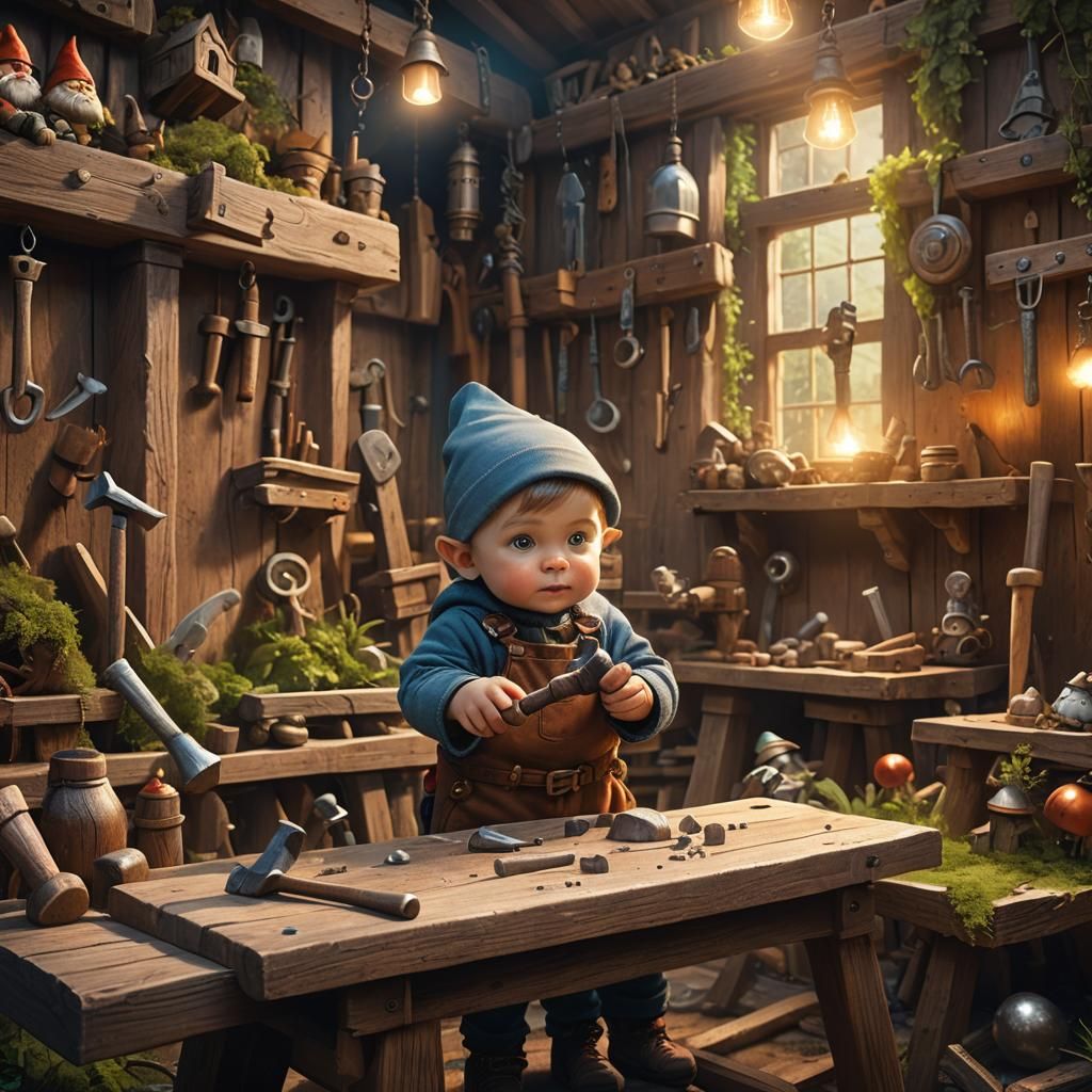 Baby Blacksmith in Gnome Workshop, Fantasy Art