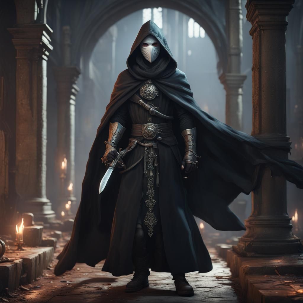 D&D Character with White Mask and Sword