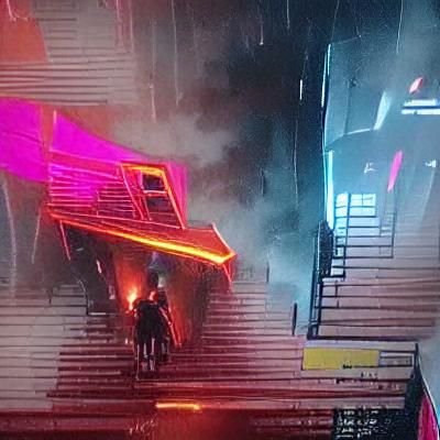 House on fire with stairs coming out of it