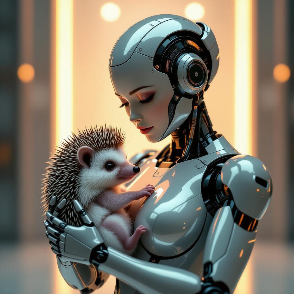 Create a hyper-realistic close-up scene of a sleek, humanoid female robot with polished, metallic skin reflecting soft ambient light, her in...