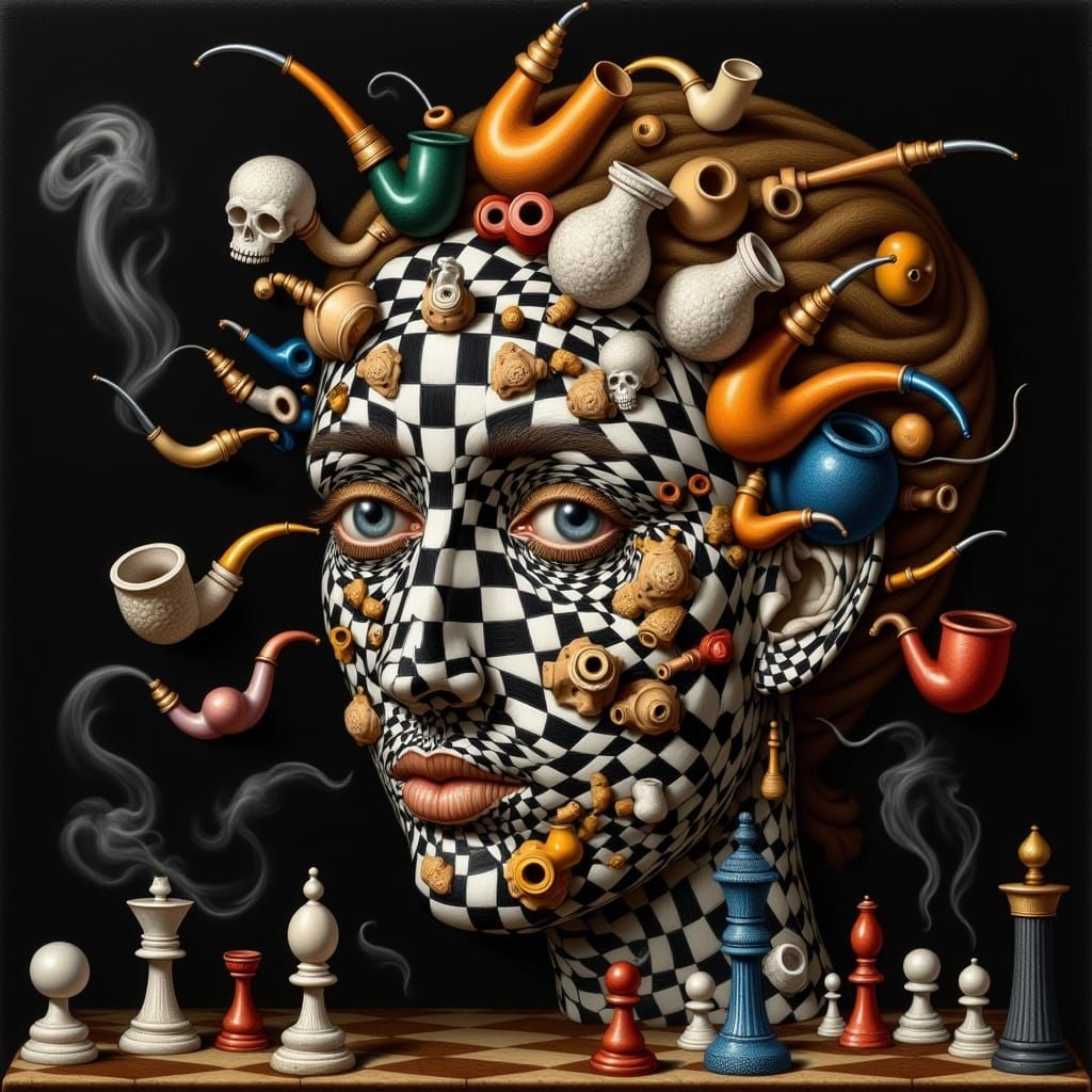 <lora:noddle:1.0> a face composed of a chess and smoking pipes. A bright hyperrealistic drawing in the mannerist style. Anamorphosis, têtes ...