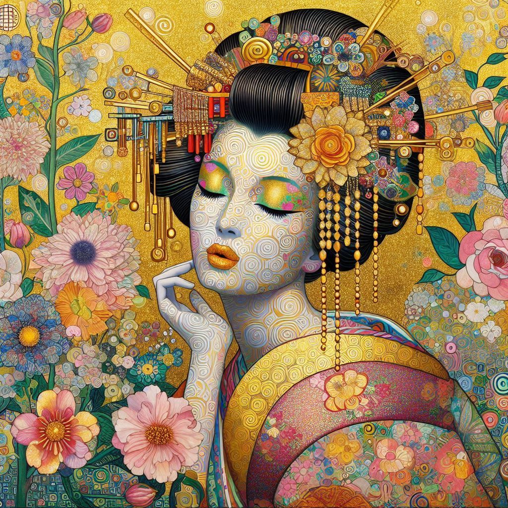 Frühlingsblumen und Geisha Klimt inspired