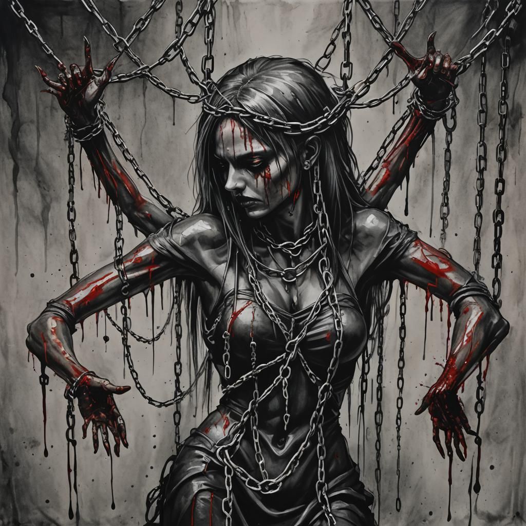 Bound with chains girl black blood liquid metal background  ...