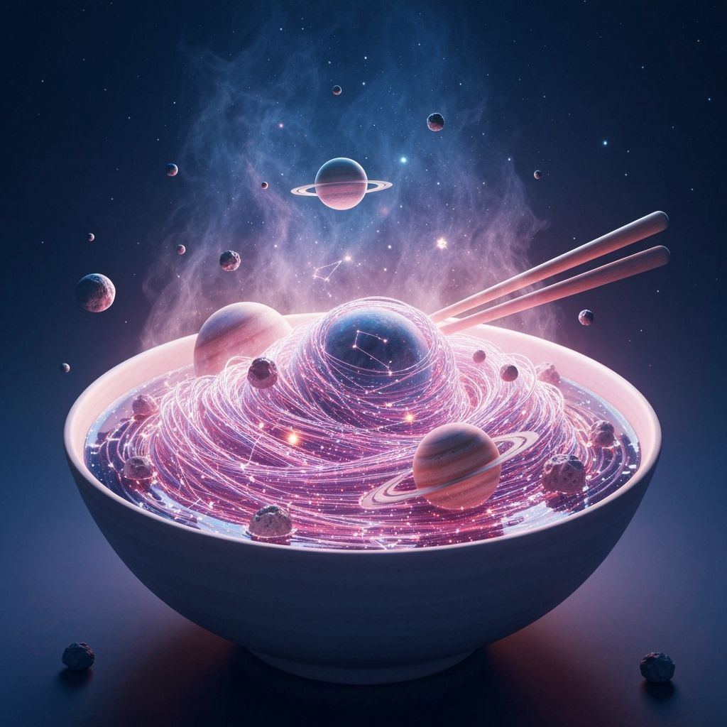 A steaming bowl of ramen noodles made of shimmering strands of nebula gas  by @Selenia Darkangel