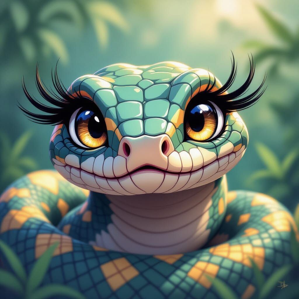 A female Indian rock Python hypnotized with cartoonishly large eye lashes 