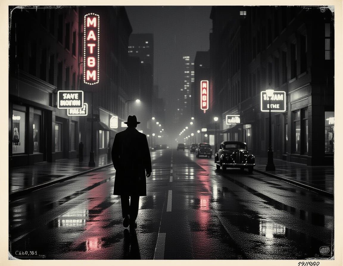 A private detective (1930s) walks along a deserted, rain-slicked city street at night, the neon lights ...  by @tremmerz