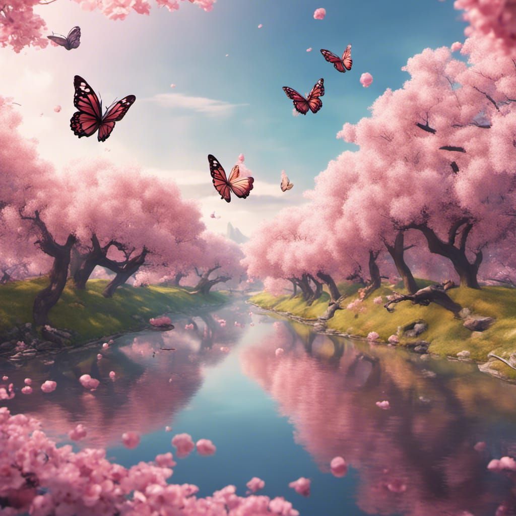 Butterfly fluttering over river surrounded by cherry blossom...