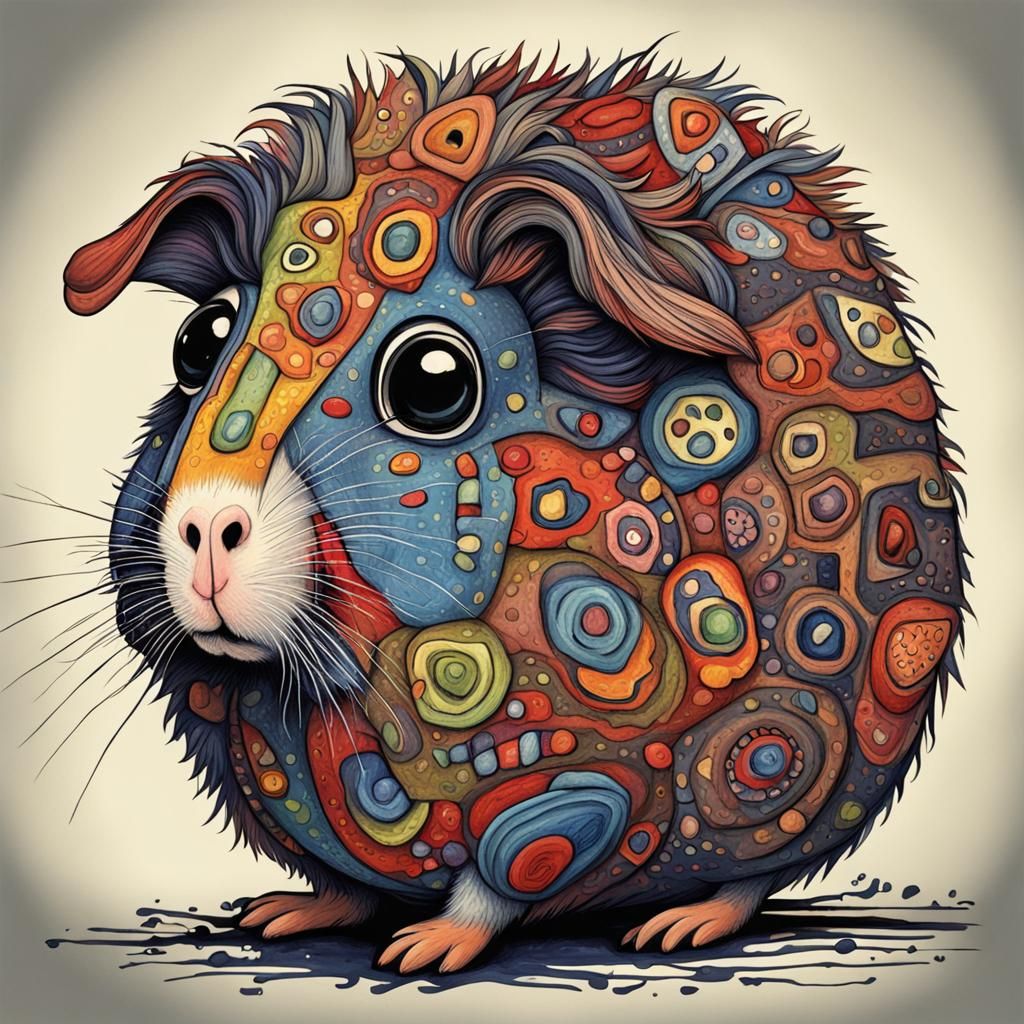 A colorful whimsical guinea pig in the style of Tim Burton a...