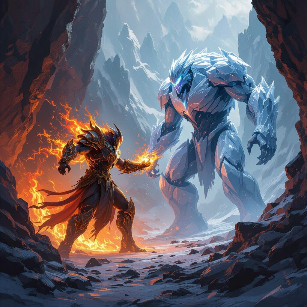 The image unfolds like an elemental saga, where fire and ice clash in a titanic battle of contrasts. To the left, a blazing inferno breathes...