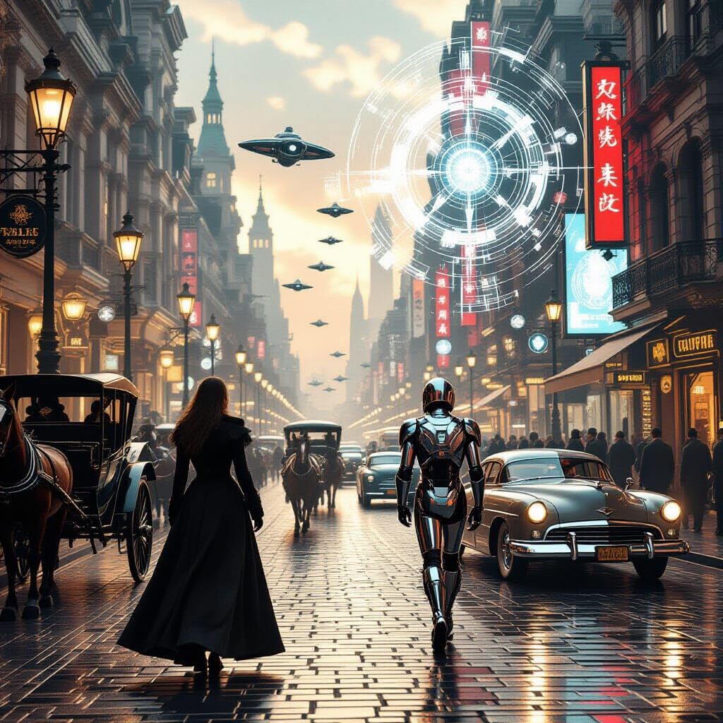 Surreal, cinematic scene where two distinct time periods collide in a single frame — the left side a ...  by @LaDonna 