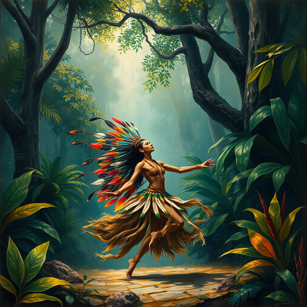 A tribal dancer in a jungle, blending motion and nature in harmony.
