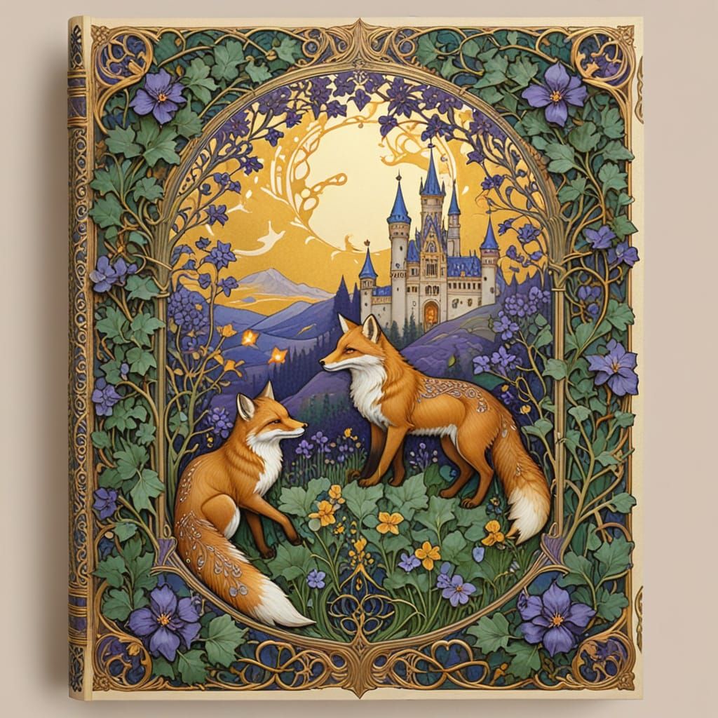 Elaborate  highly detailed medieval border of foxes, vines, woods, castles, violets , similar style  to Book of Hours,  around a blank page,...