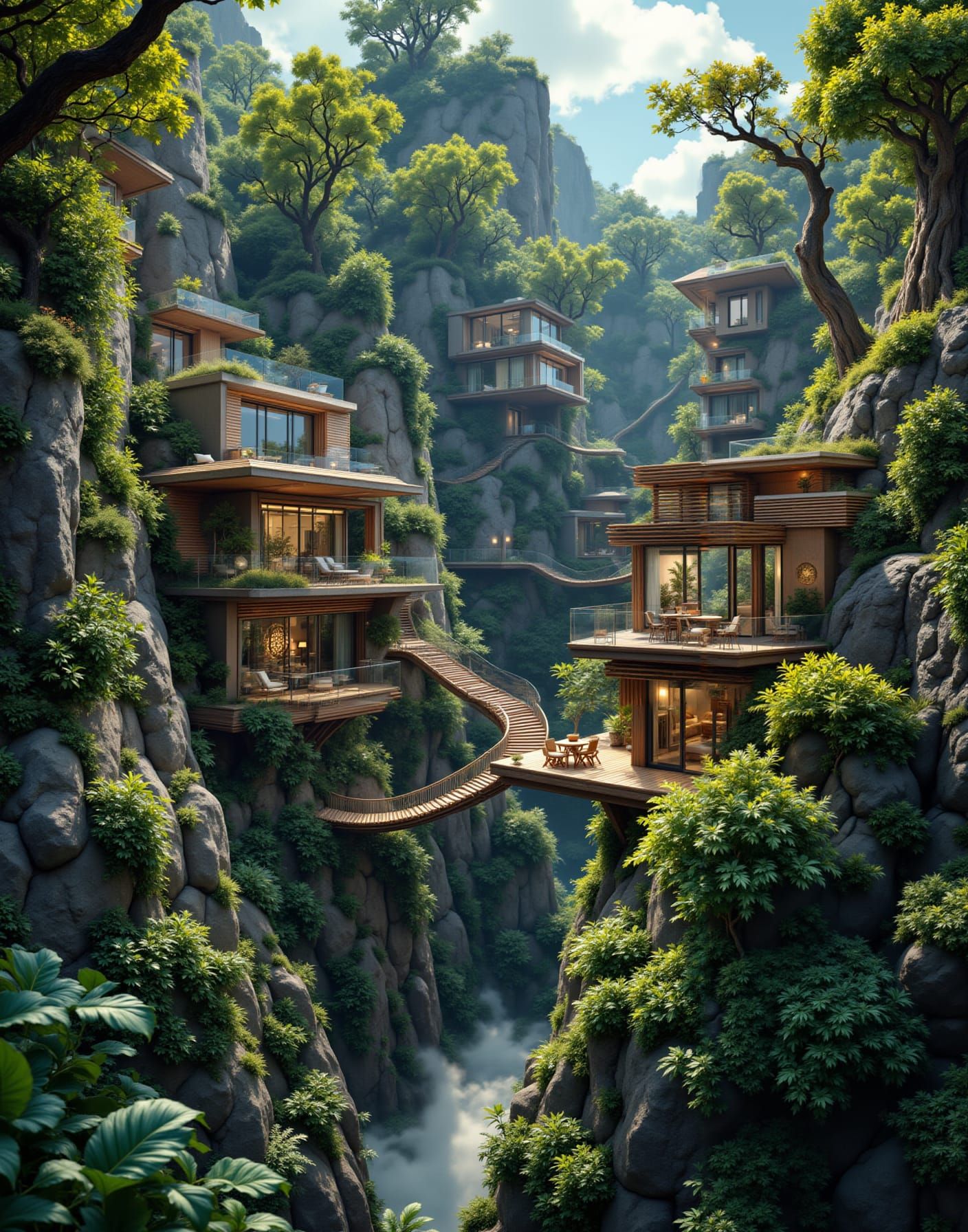 Modern treehouse village interconnected by rope bridges, nestled in ancient rainforest canopies,