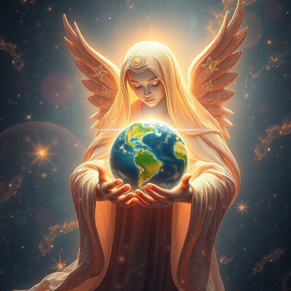 Celestial Being Cradles Planet in Starry Expanse