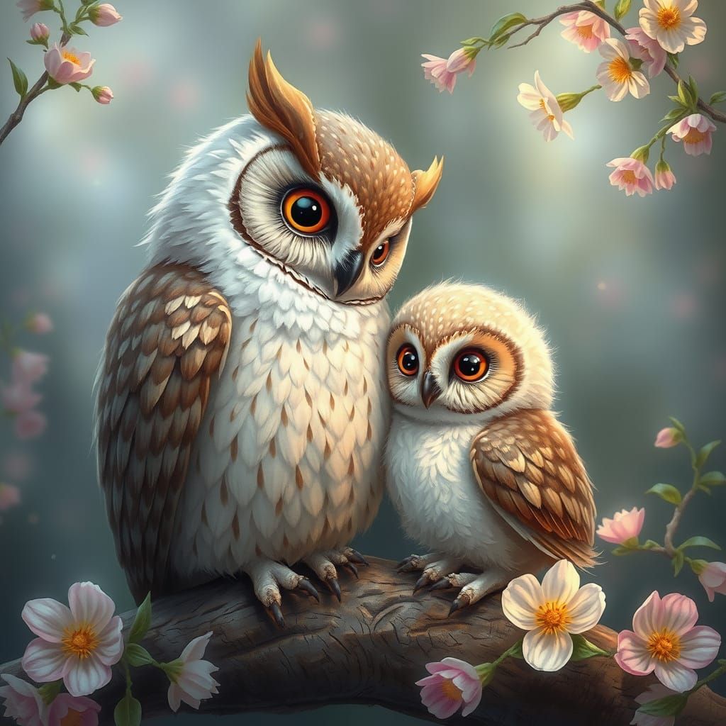 Cute baby owl with her mother at spring time  by @darkernights