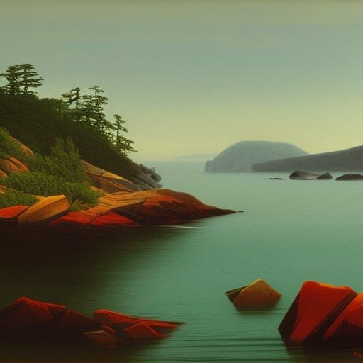rocky shores on the pacific ocean in the forests of Canada gouache Splash art Caspar David