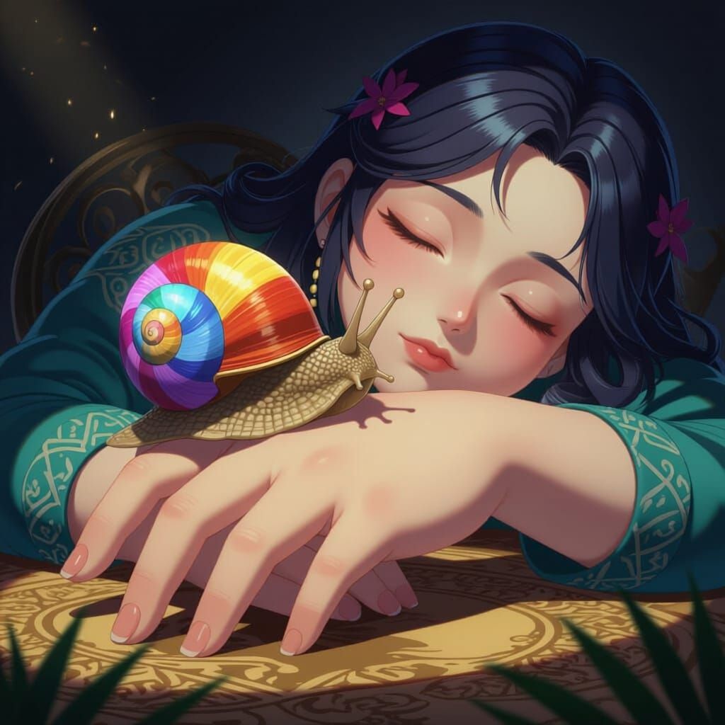 Tiny Snail on Giant's Hand in Vivid Gradient Shell
