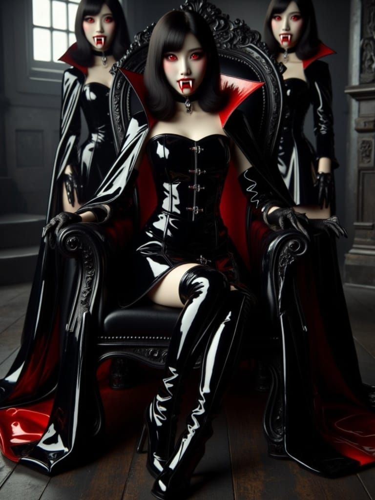 A japanese female vampire dressed in shiny black patent leather short dress shiny black patented leather opera Lenght gloves, long black pat...