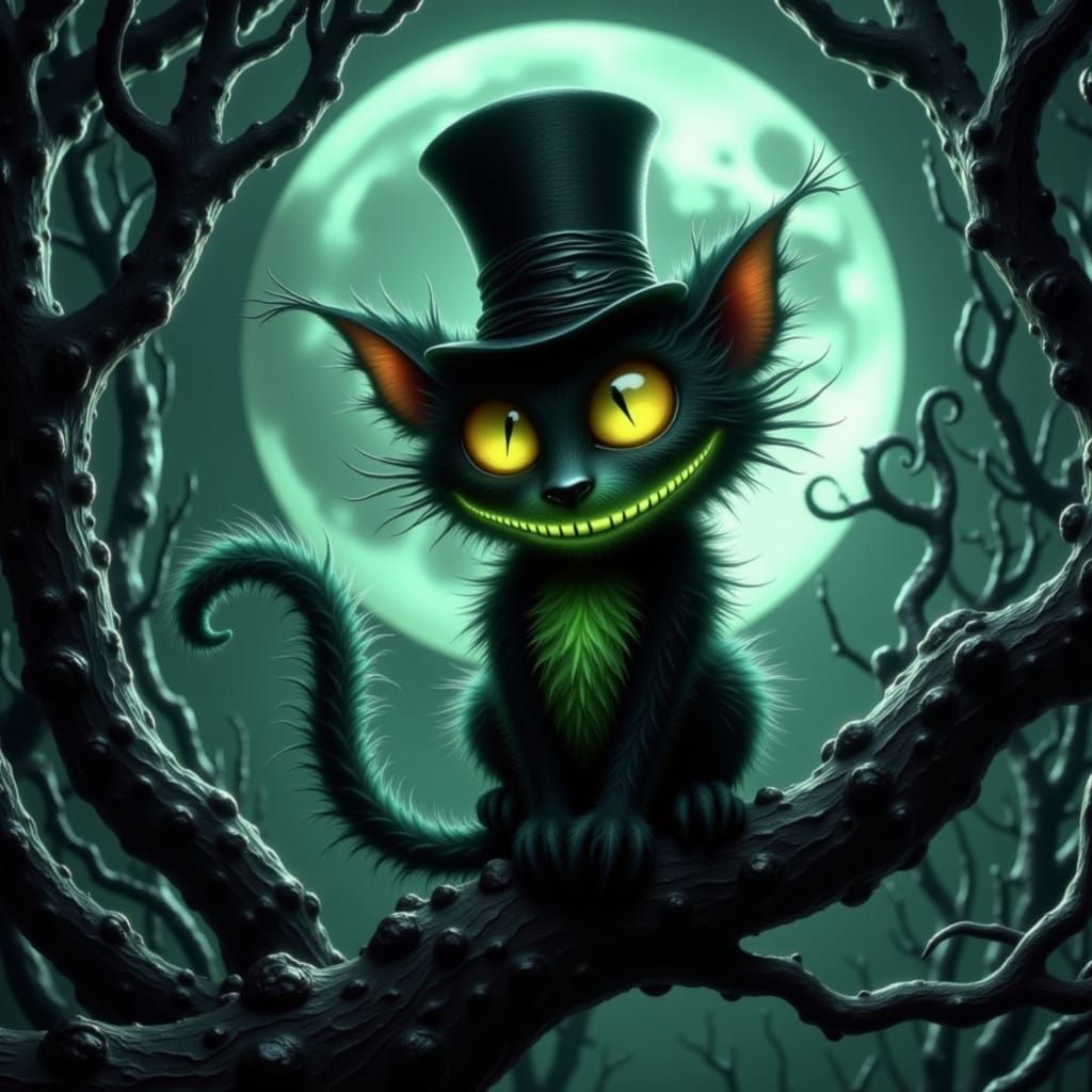 Twisted Cheshire cat with a mischievously wide grin, wearing a tattered top hat and sitting on a gnarled, black tree branch, set against a b...