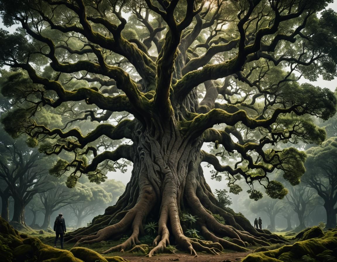 yggdrasil the one tree, giant tree, with flora and fauna ben...