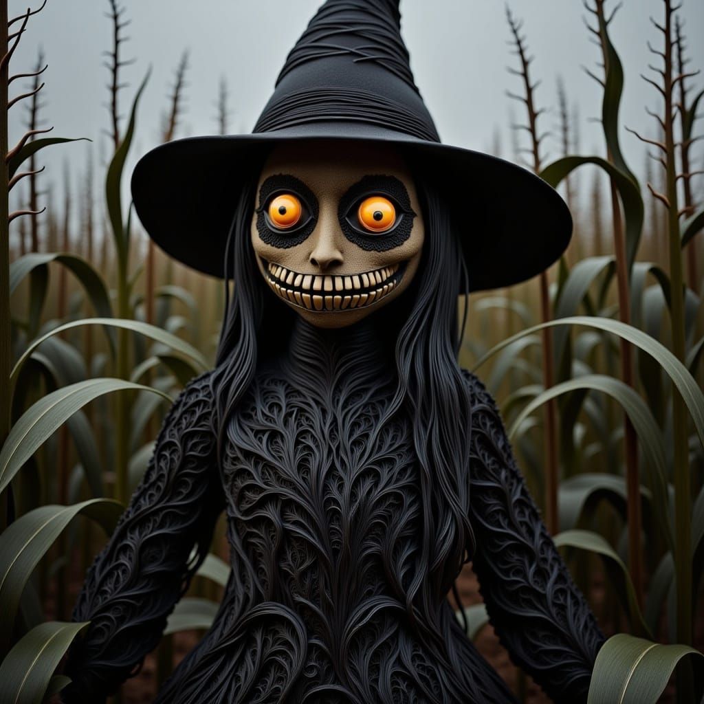 <lora:Organic Macabre Flux:1.0> A scarecrow with glowing eyes, standing in the middle of a cornfield, its stitched smile stretching unnatura...